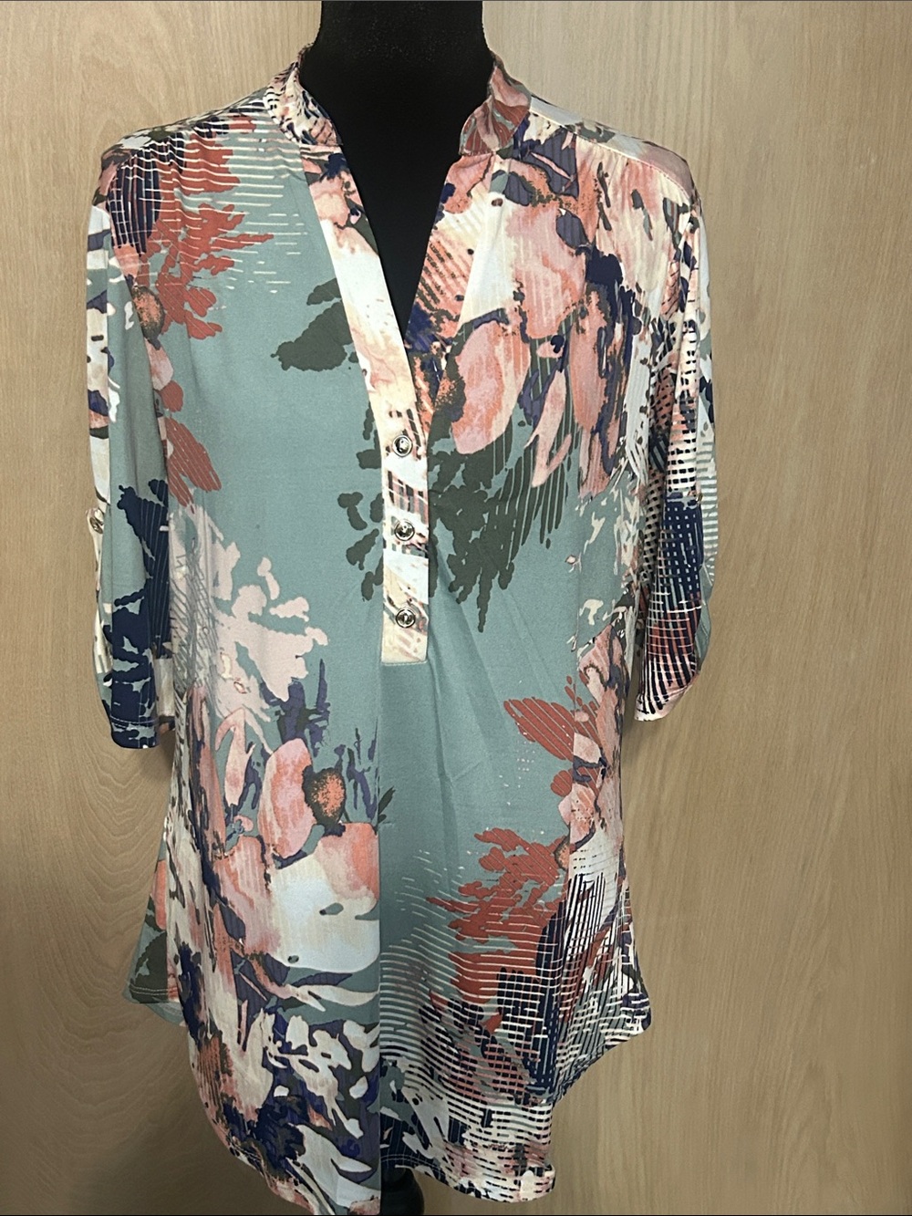PerSeption Concept Floral Split-Neck Tunic in Sage, Coral, and if Navy